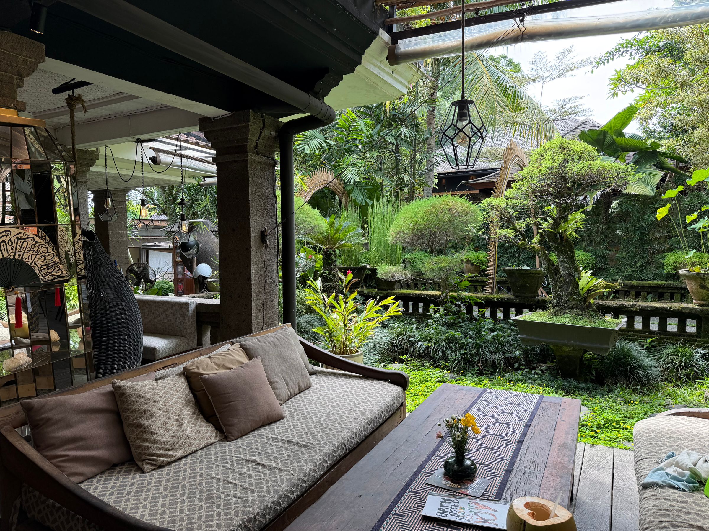 A shaded veranda looking onto a planted garden